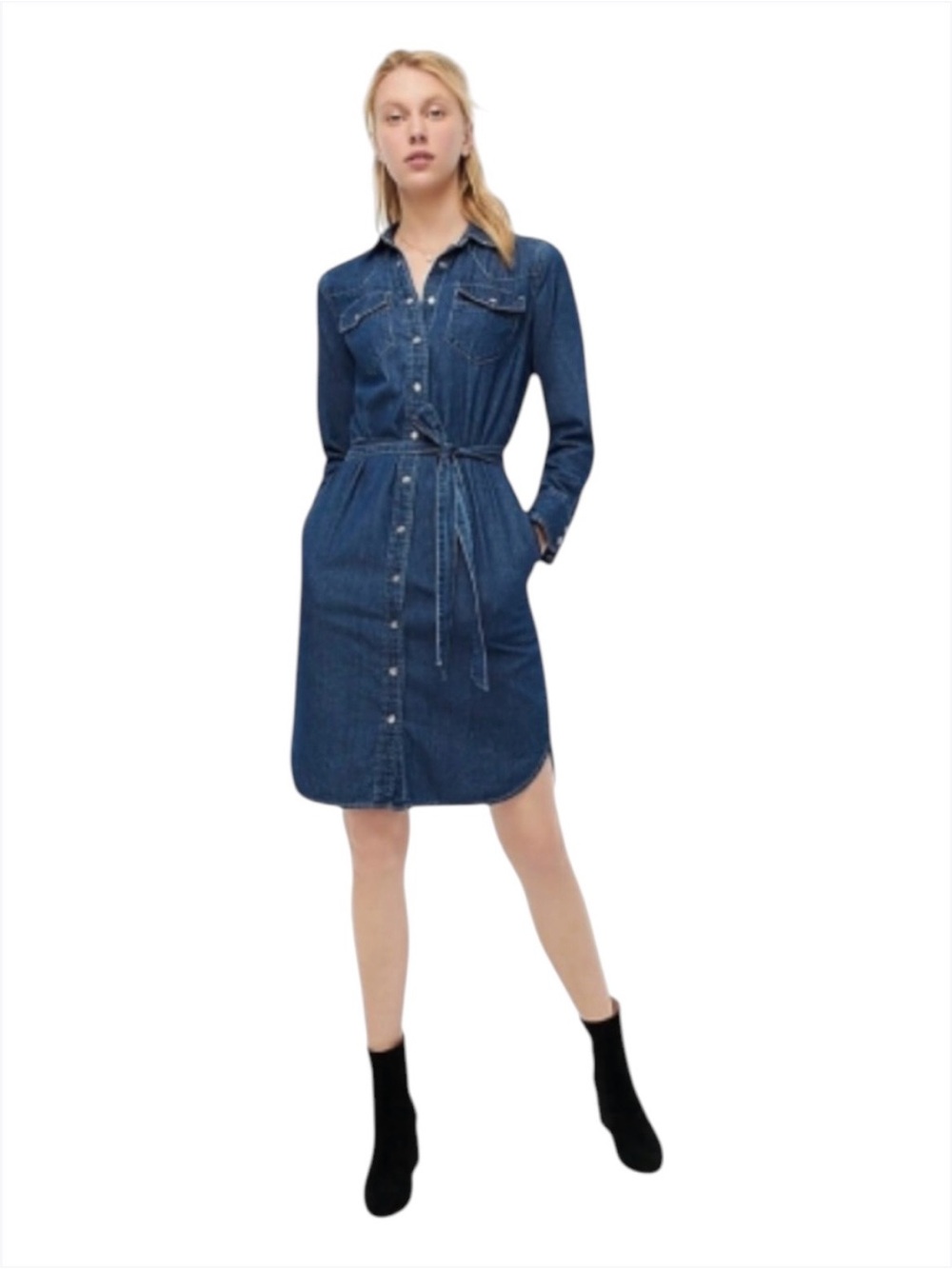 J.Crew Denim Shirtdress Snap Front Tie Waist Cotton Mini Dress Blue Size 8